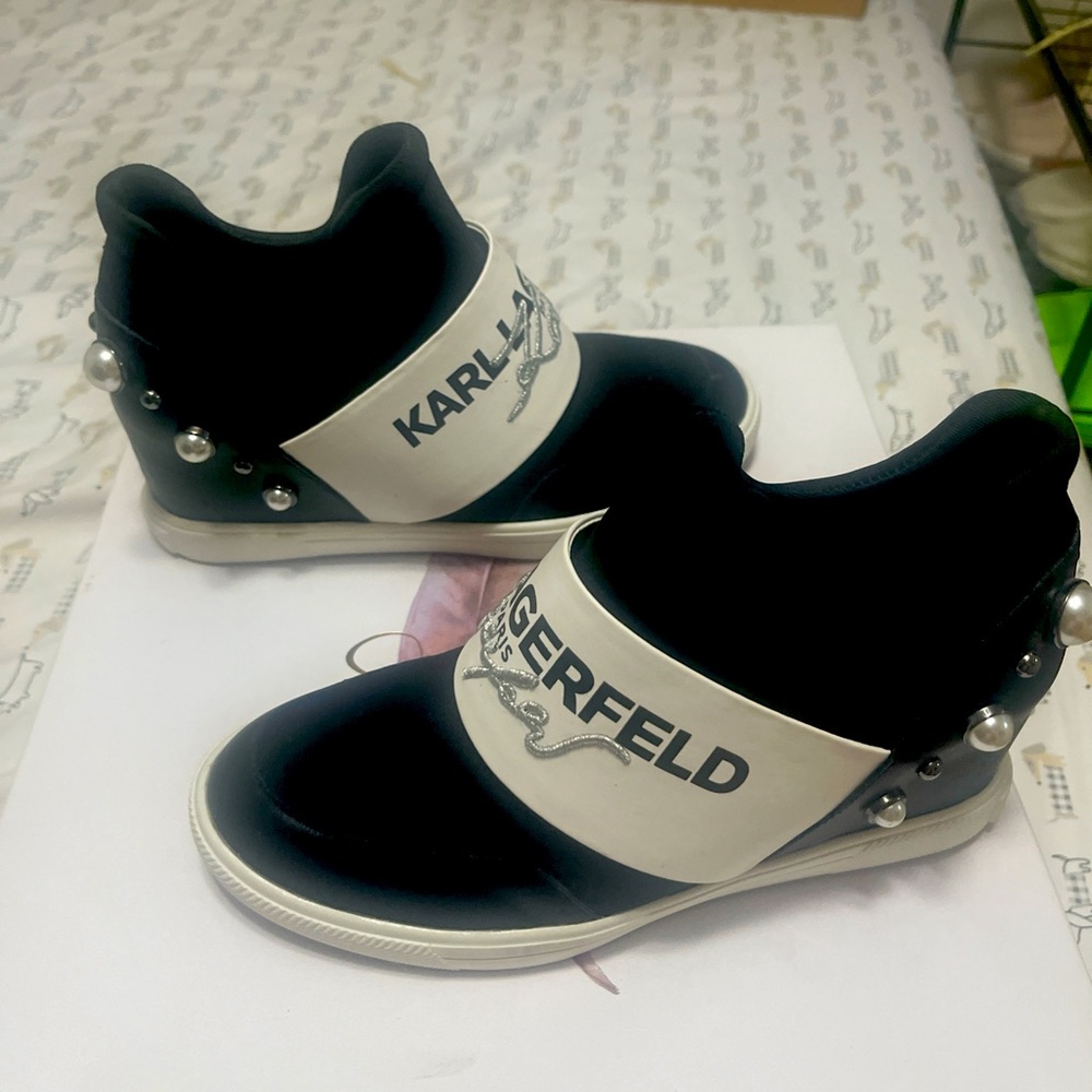 Karl Lagerfeld Womens Black and White Sneakers/wedges with Pearl Detail